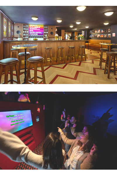 Deux images : l'espace bar et l'espace karaoke avec des personnes qui chantent. 
